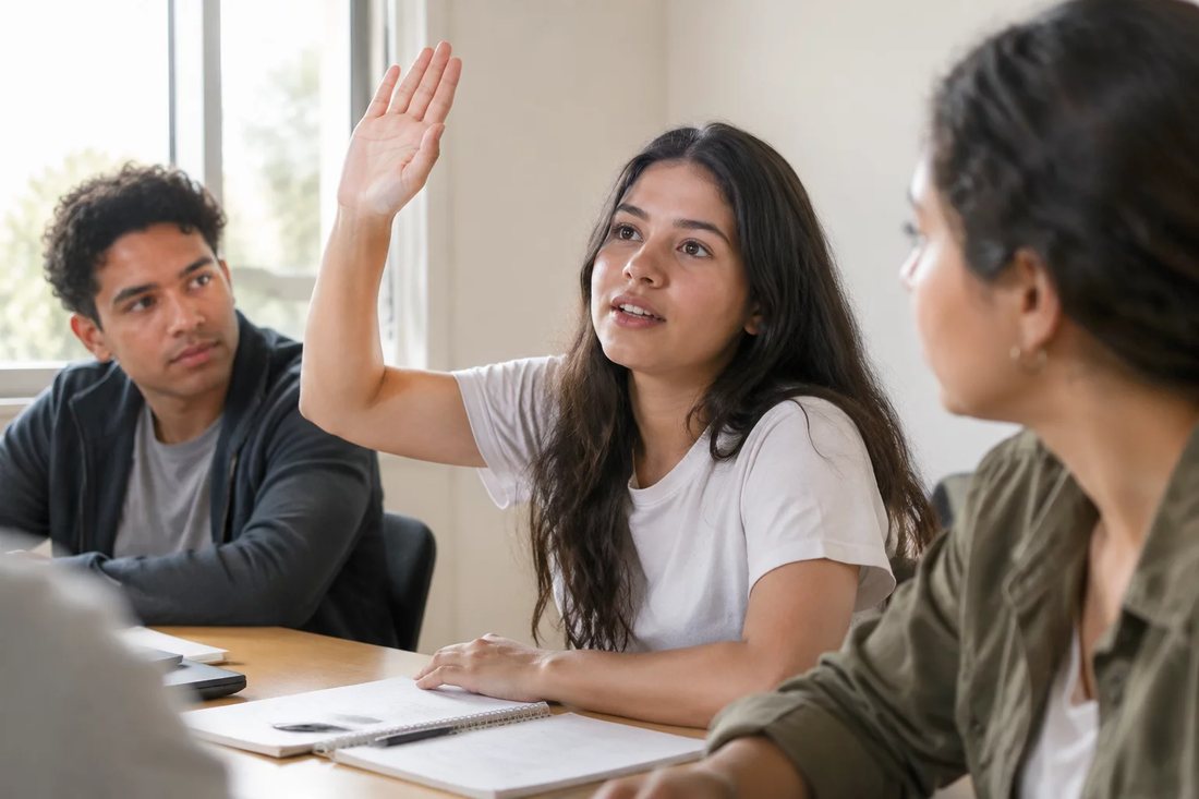 Grupo reduzido em volta de uma mesa comprida lendo teses impressas